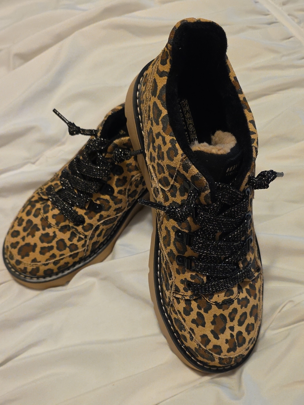 Skechers Leopard-Print Lace-Up Boots in Tan and Black